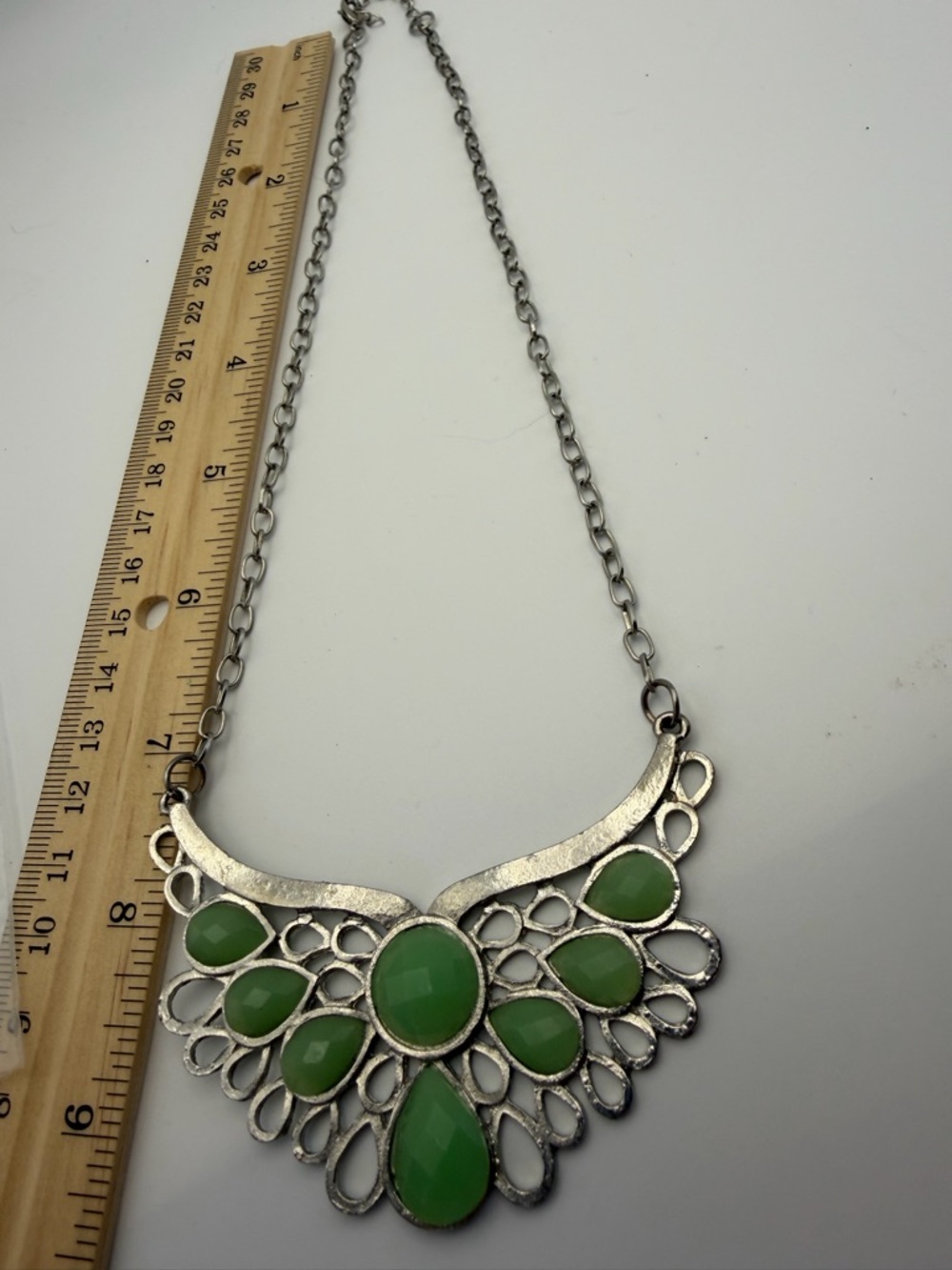 Mint Green Statement Necklace Bib Openwork Silver Tone - Picture 6 of 6